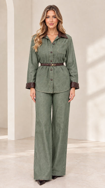 Front view of model wearing Sage Green belted shirt and wide-leg trousers two-piece set