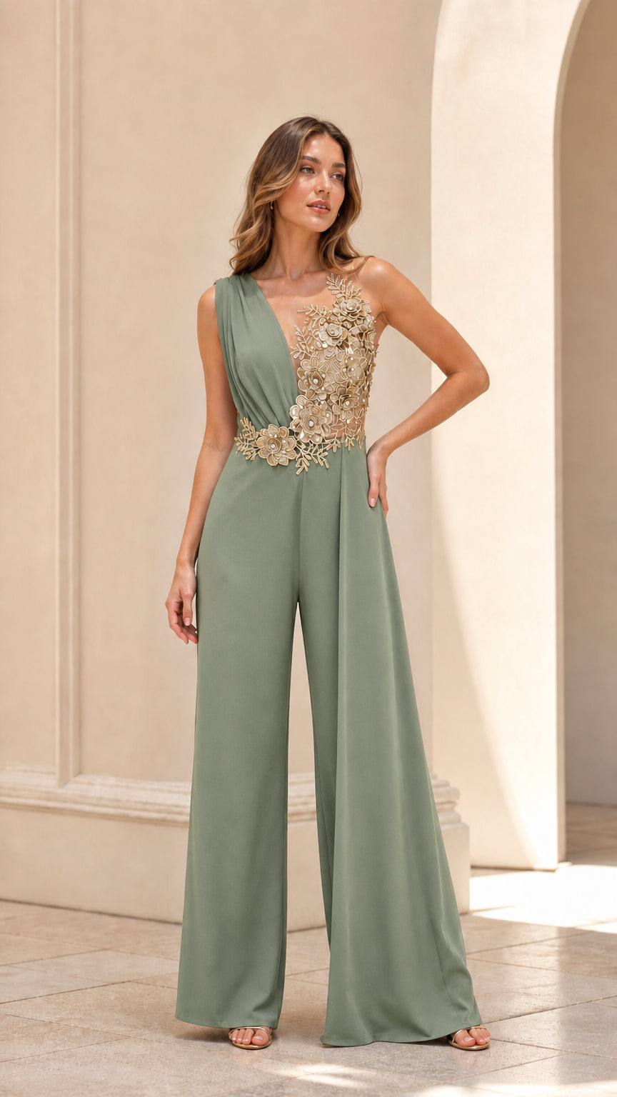 Front view of sage green formal wide-leg jumpsuit with gold sequin lace appliqué