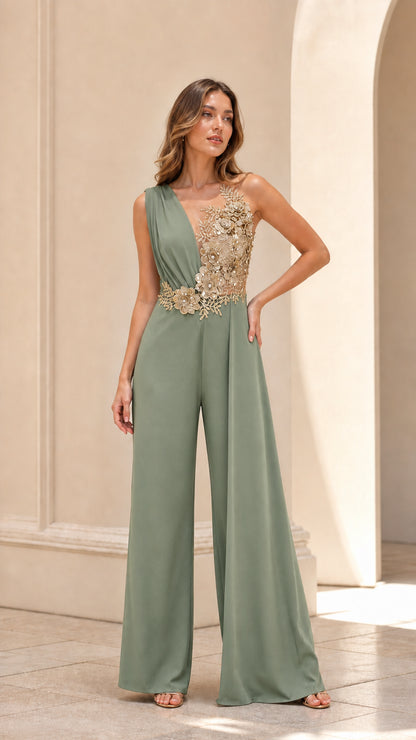 Front view of sage green formal wide-leg jumpsuit with gold sequin lace appliqué