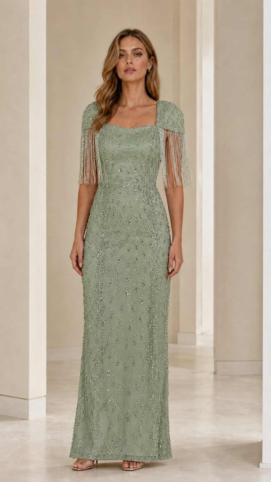 Sage green beaded floor-length formal dress with square neckline