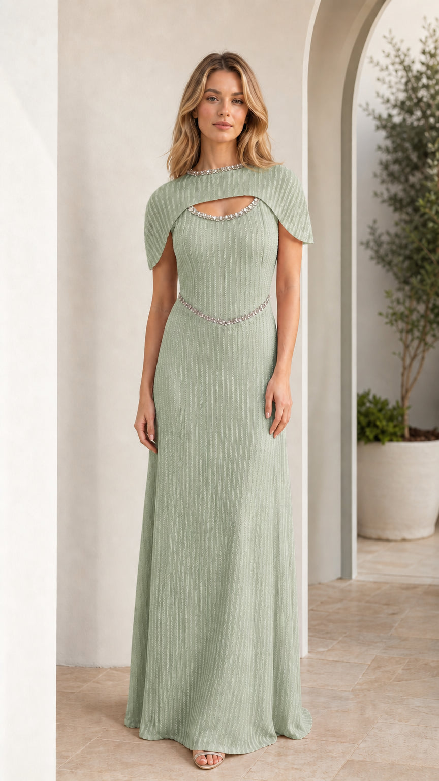 Sage green pleated cape sleeve evening gown with beaded neckline