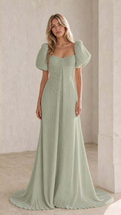 Front view of Sage green pearl draped pleated maxi dress