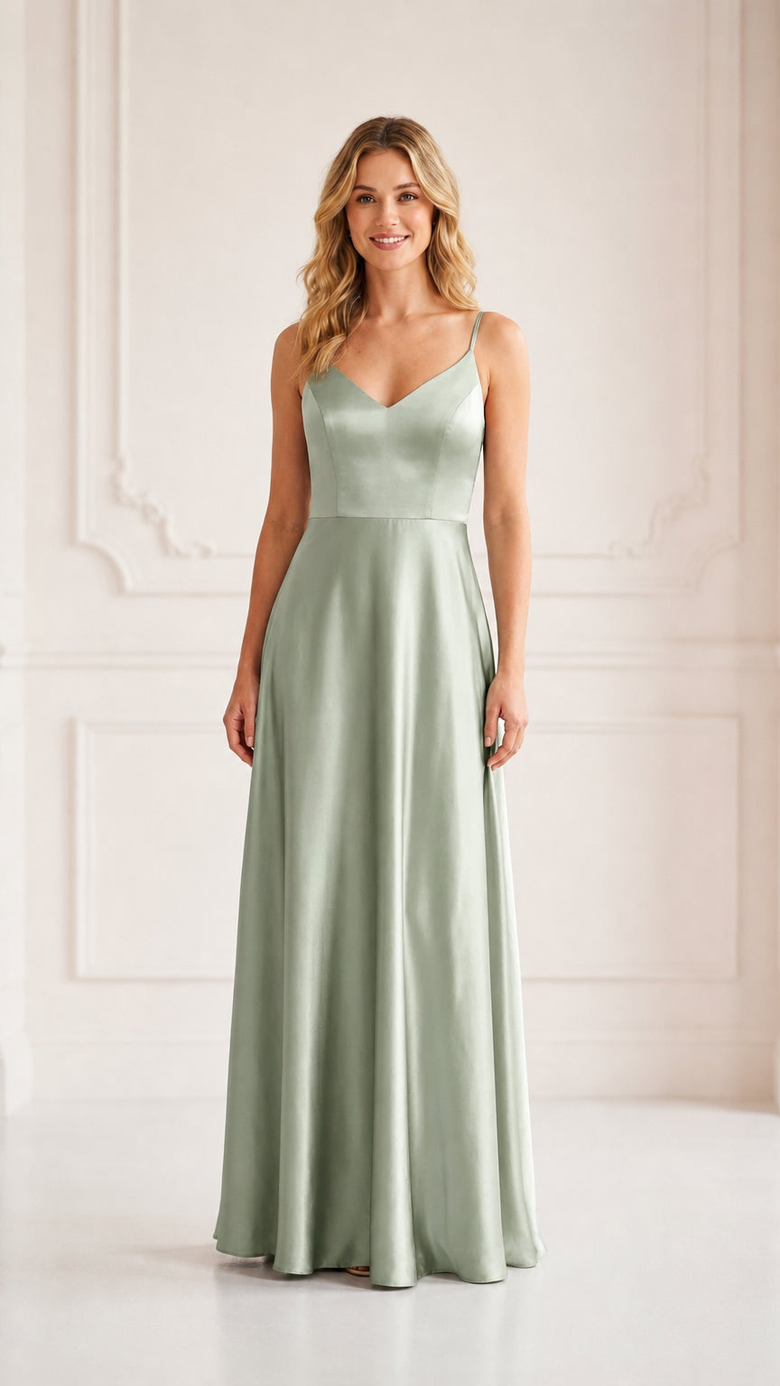Front view of model wearing sage green satin A-line evening gown