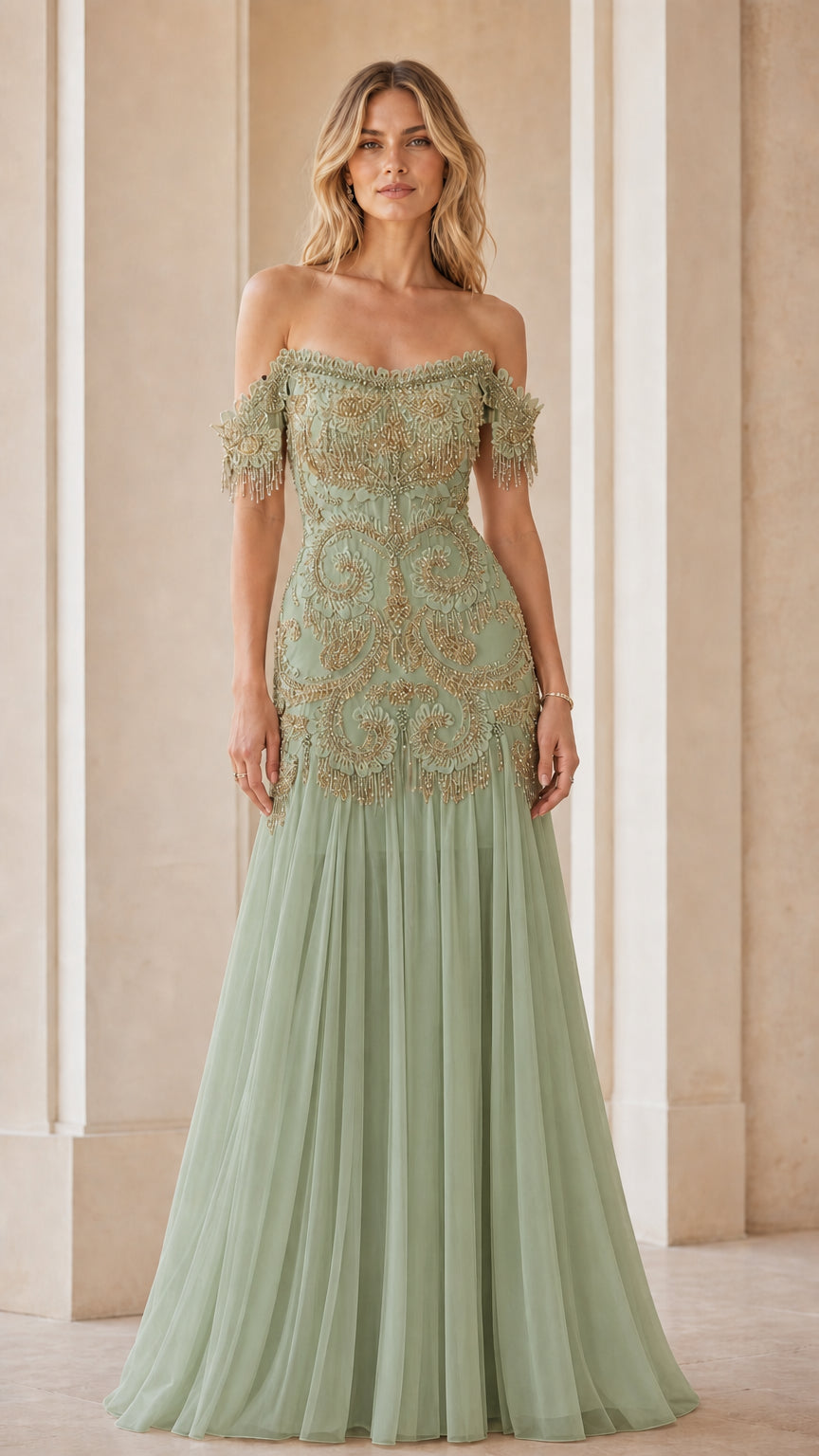Front view of sage green evening gown with gold beading