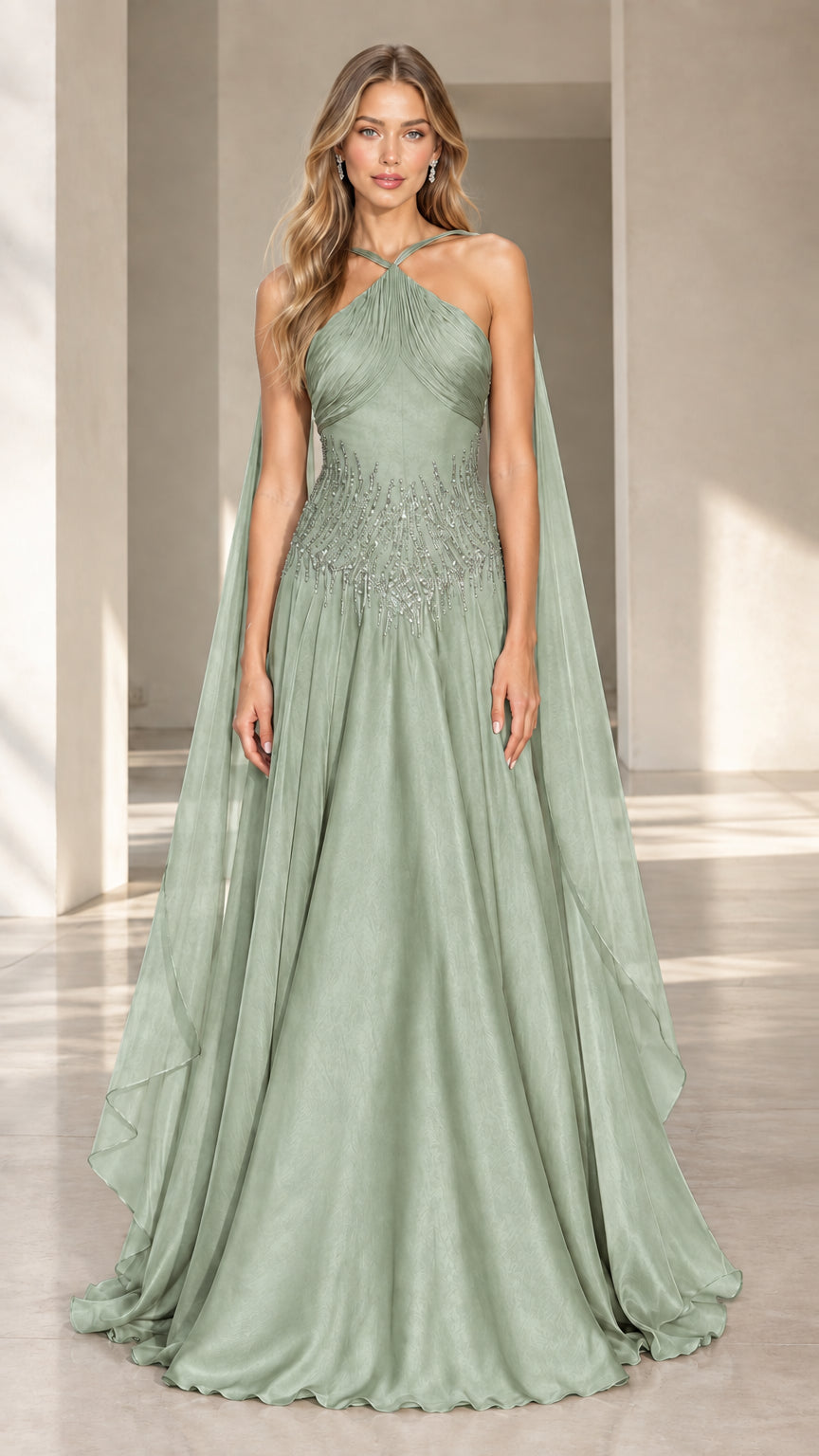 Front view of sage green halter pleated formal dress with cape streamer details