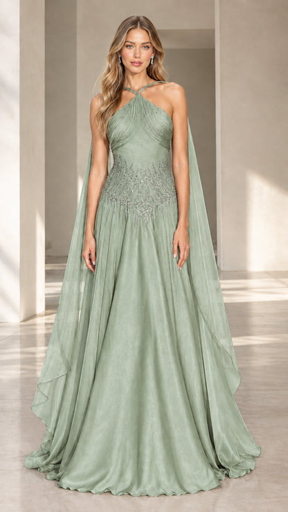 Front view of sage green halter pleated formal dress with cape streamer details