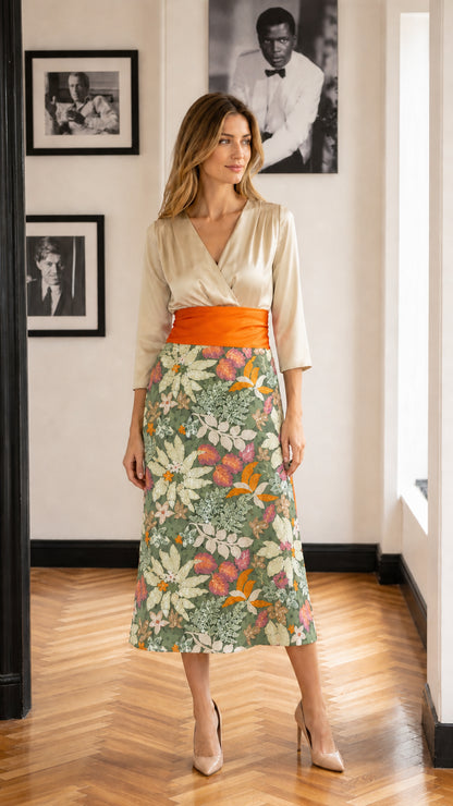 Front view of model wearing green floral variation