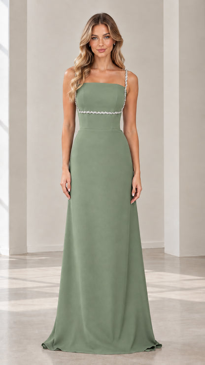 Front view of sage green evening maxi gown with rhinestone straps