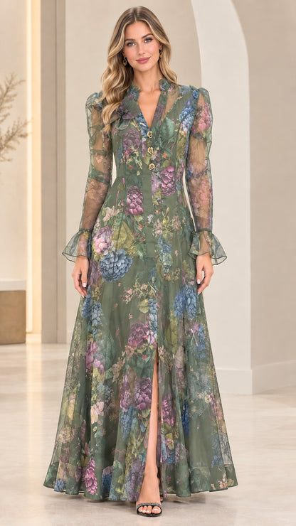 Sage green floral print sheer long sleeve maxi dress