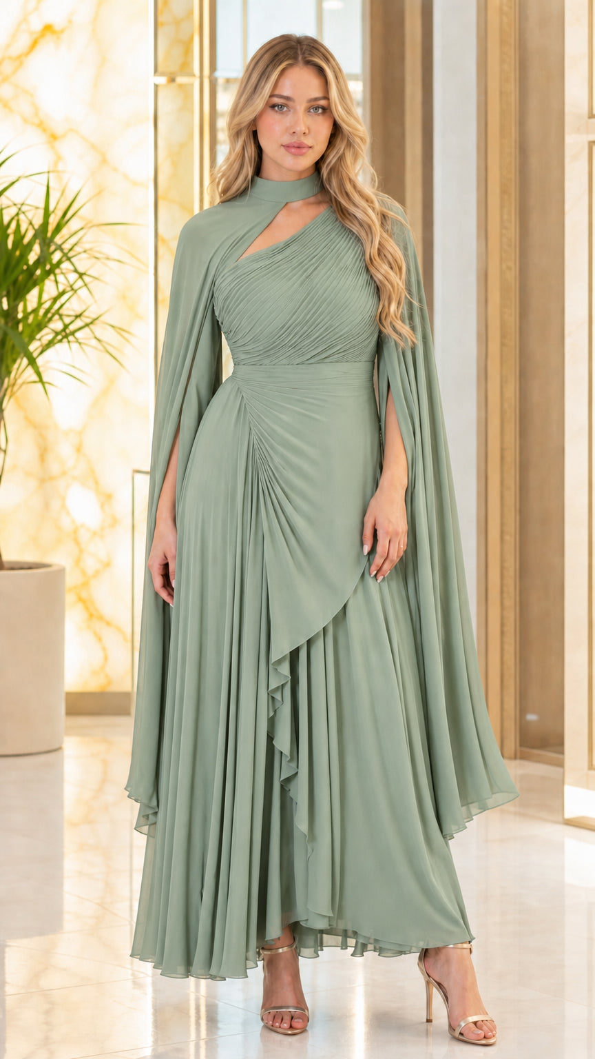 Front view of sage green asymmetric cape sleeve maxi formal dress