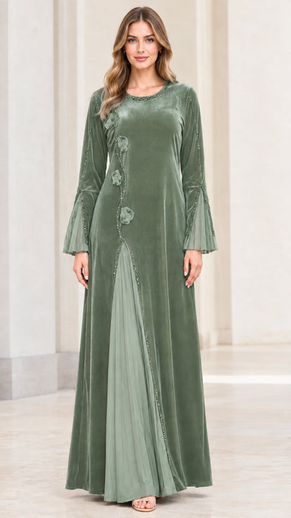 Sage green velvet long sleeve maxi dress with pleated tulle insert front view