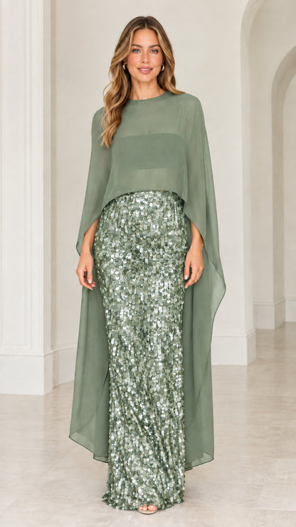 Sage green floor-length sequin formal dress with chiffon cape