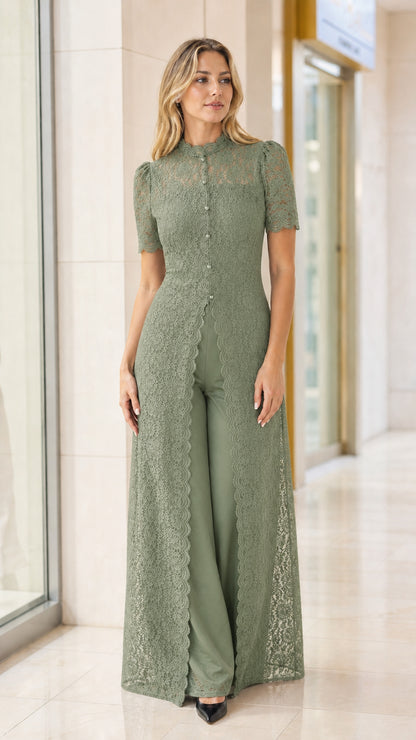 Model wearing sage green floral lace duster pantsuit set