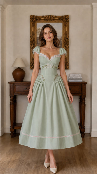 Front full view of Sage Green embroidered sweetheart midi dress