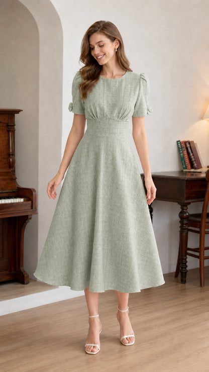 Woman wearing sage green short-sleeve A-line midi dress front view