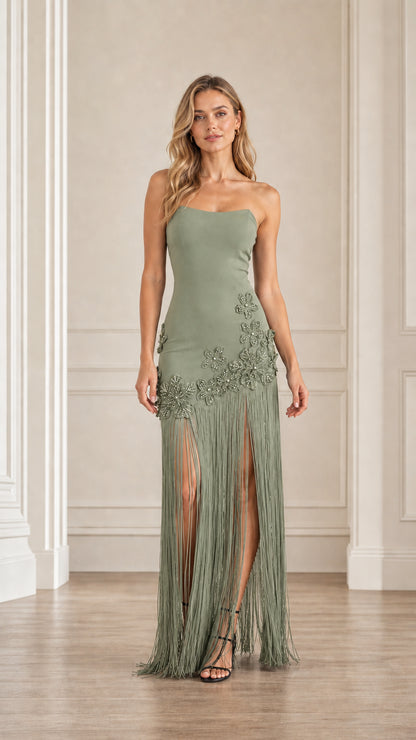 Front view of sage green strapless evening dress