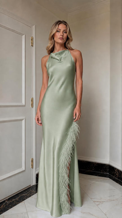 Sage green satin halter maxi dress with feather trim