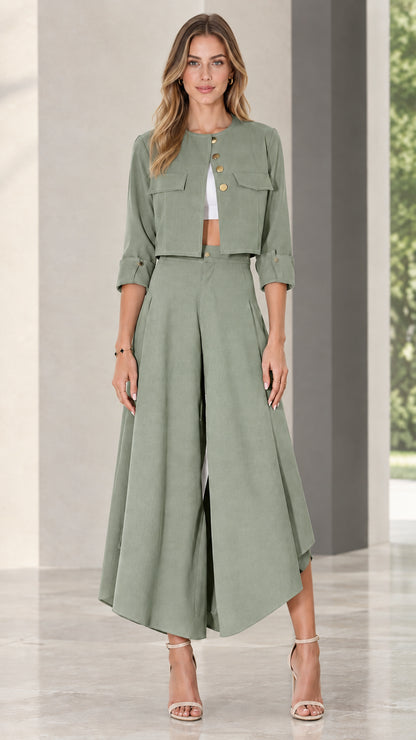 Model wearing sage green two-piece cropped jacket and wide-leg trousers