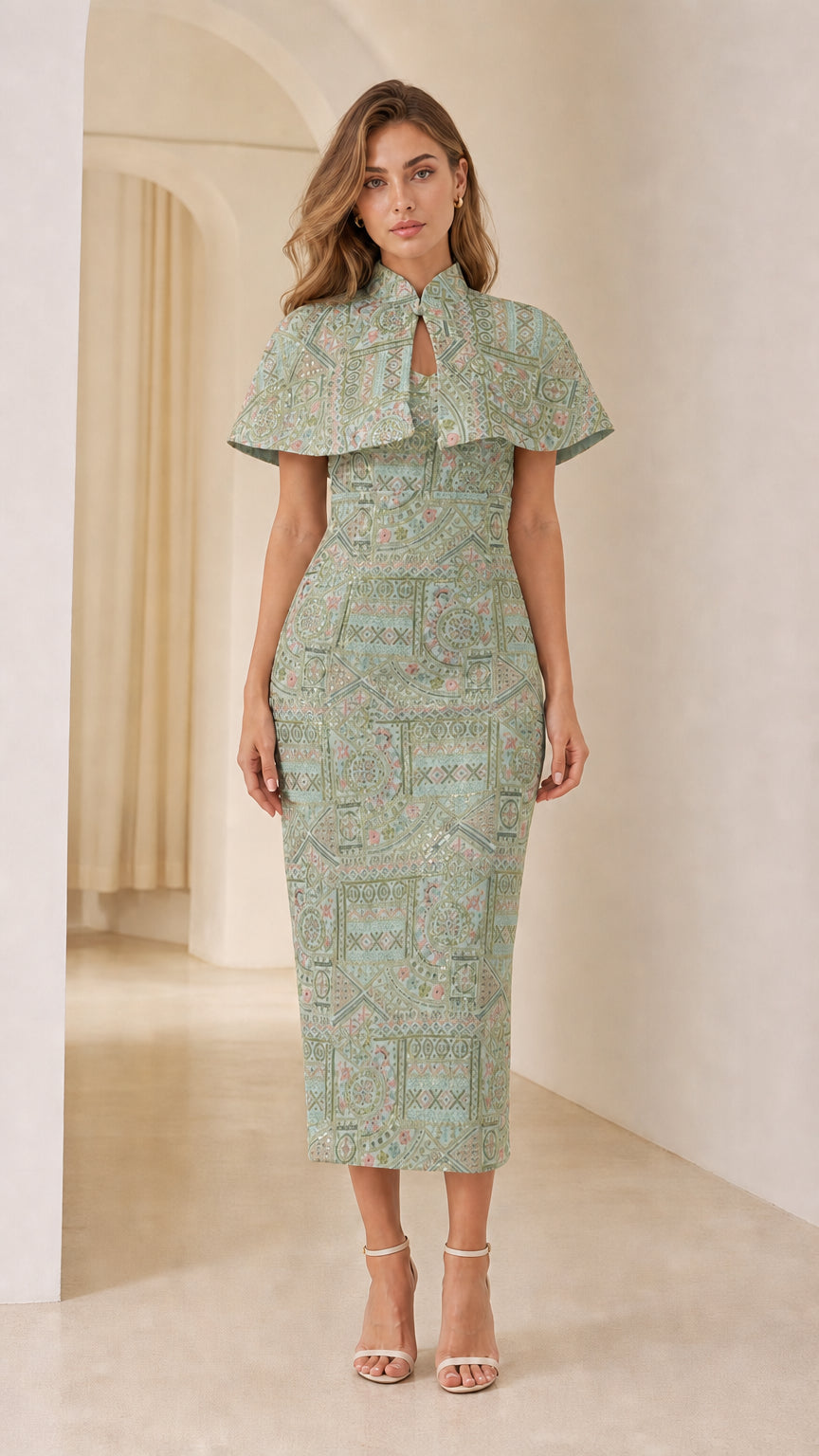 Front view of model wearing Sage Green embroidered jacquard capelet midi dress