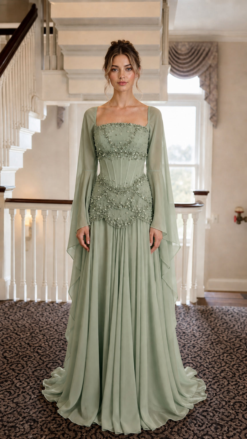 Front view of Sage Green Beaded Corset Long Sleeve Maxi Gown