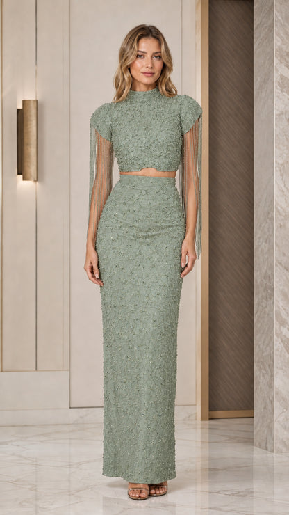 Sage Green Beaded Fringe Sleeve Two-Piece Maxi Dress Set