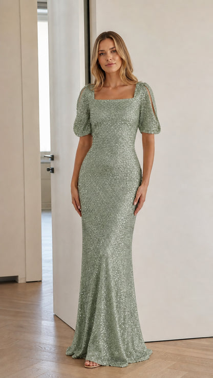 Sage green sequin square neck puff sleeve maxi dress