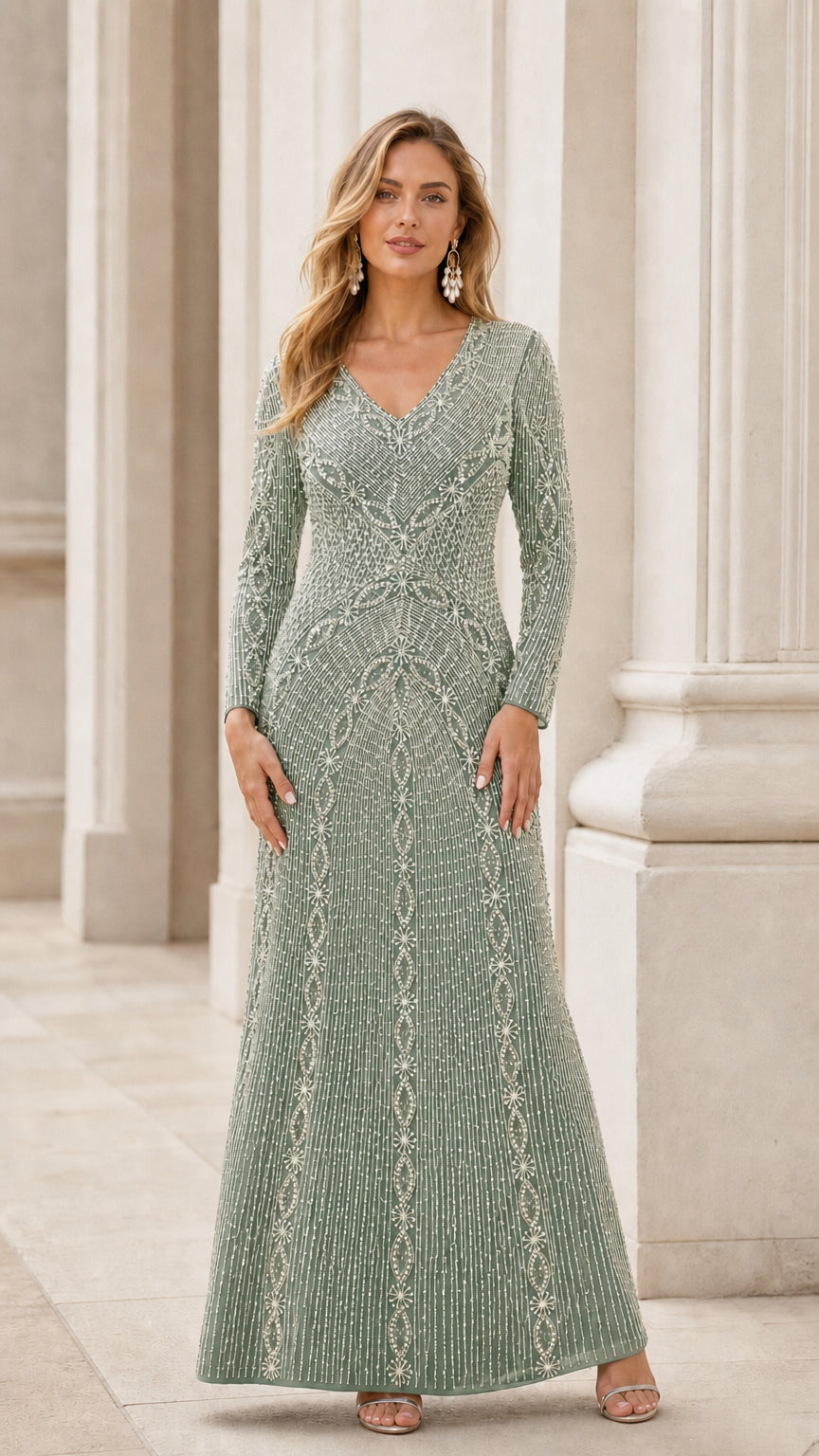 Front view of sage green long sleeve beaded formal gown