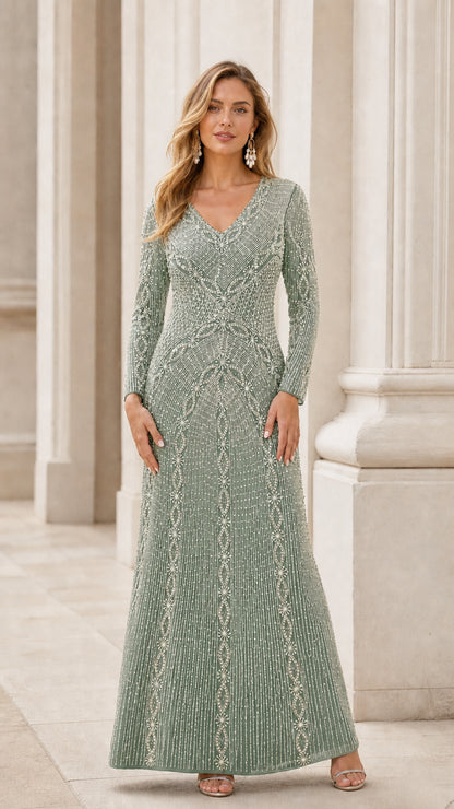 Front view of sage green long sleeve beaded formal gown