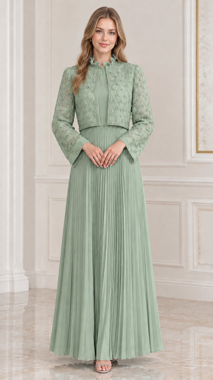 Sage green two-piece mother of the bride pleated maxi gown with lace bolero