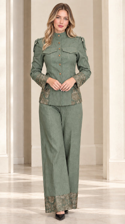 Full front view of sage green two-piece jacket and wide-leg trouser suit set with floral jacquard trim