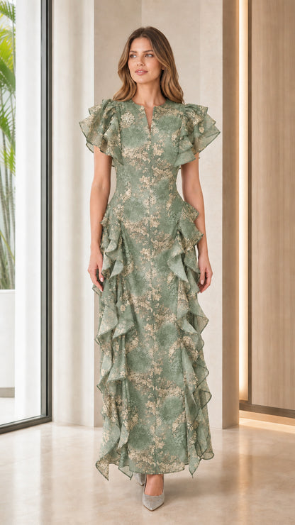 Front view of sage green floral print ruffle maxi dress
