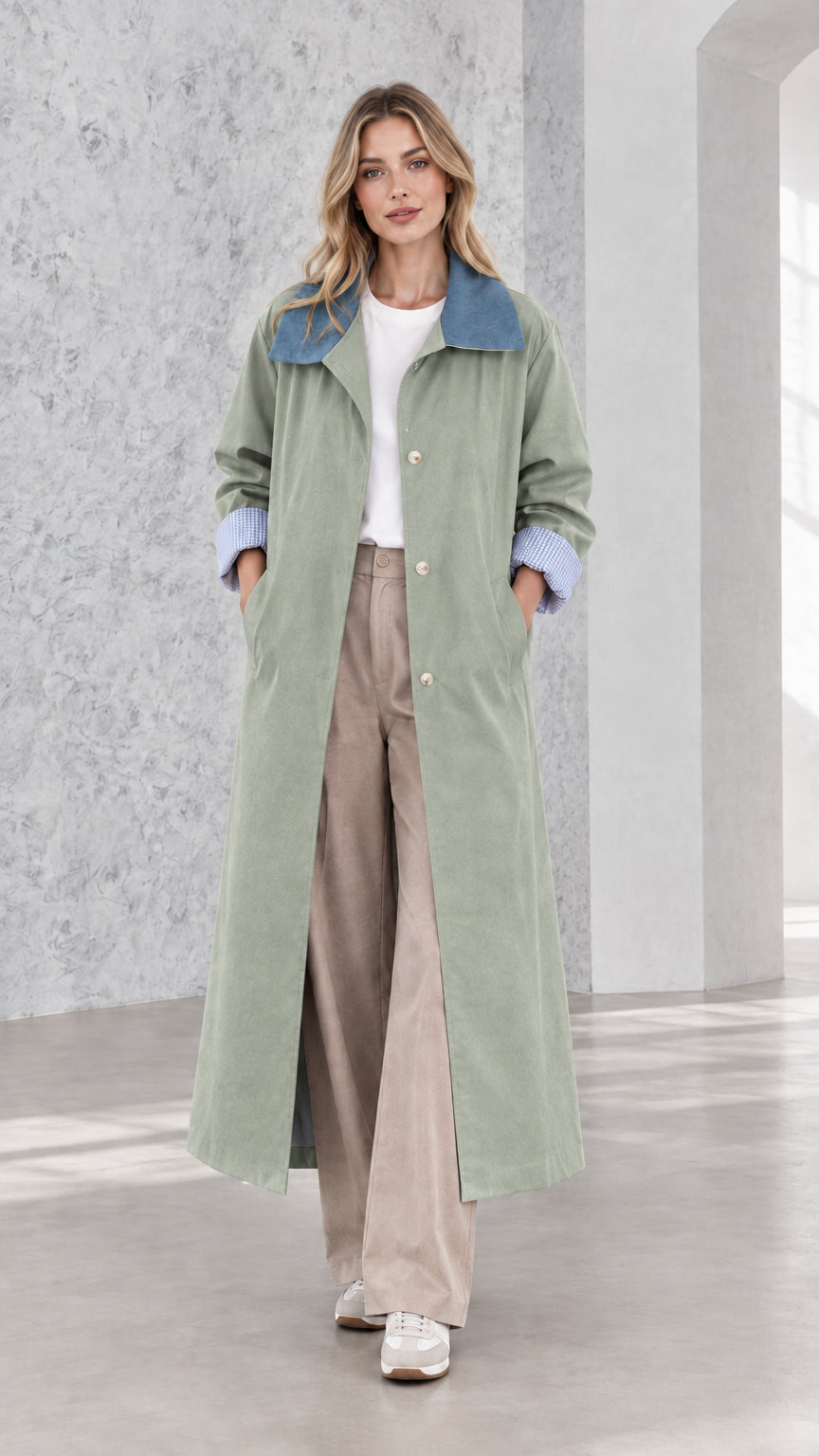 Model wearing sage green maxi trench coat with contrast blue turn-down collar