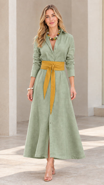 Front view of model wearing sage green long sleeve maxi shirt dress with yellow sash belt