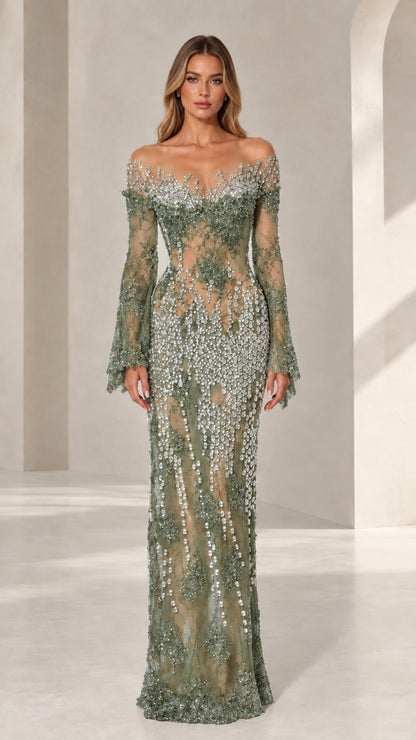Sage Green crystal-embellished formal floor-length dress