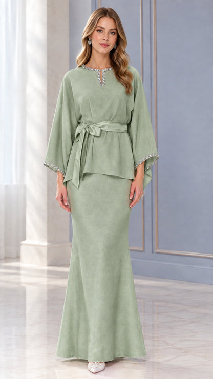 Full-length view of Sage Green two-piece embellished formal skirt set