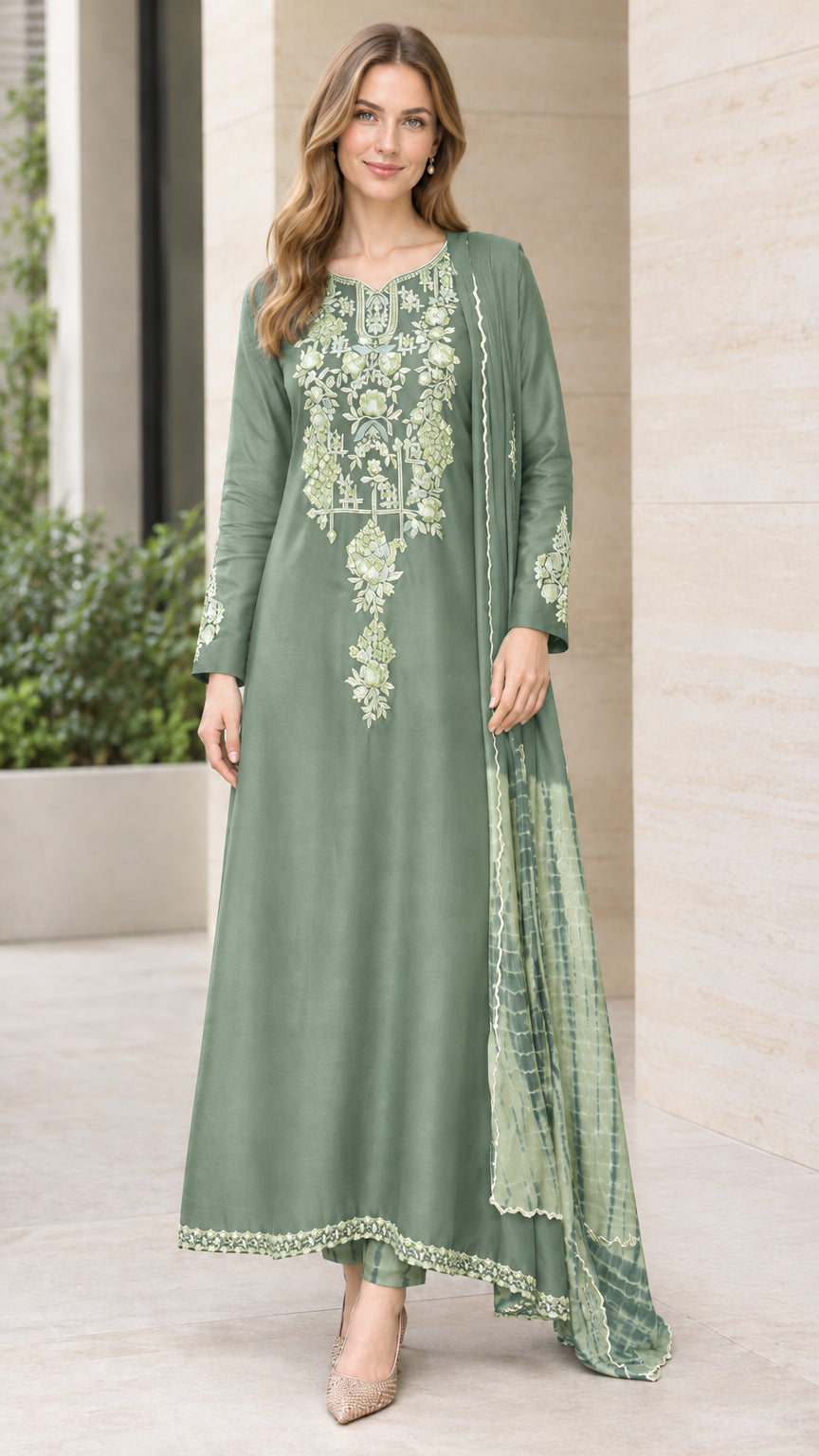 Front view of woman wearing Sage Green embroidered A-line kurta set with printed dupatta