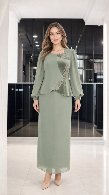 Front view of sage green evening maxi dress