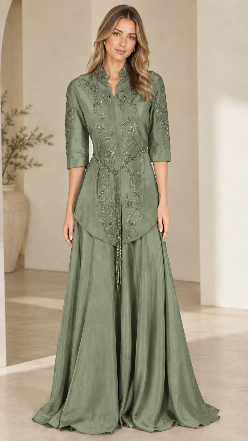 Front view of sage green beaded 3/4 sleeve evening maxi dress