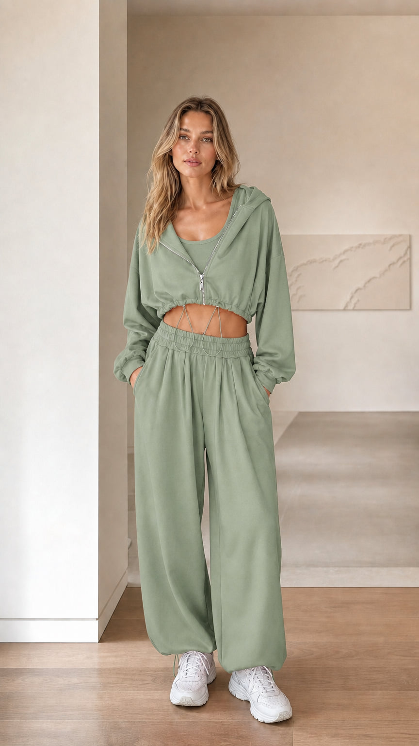 Front view of woman wearing sage green 3-piece cropped hoodie and sweatpants set