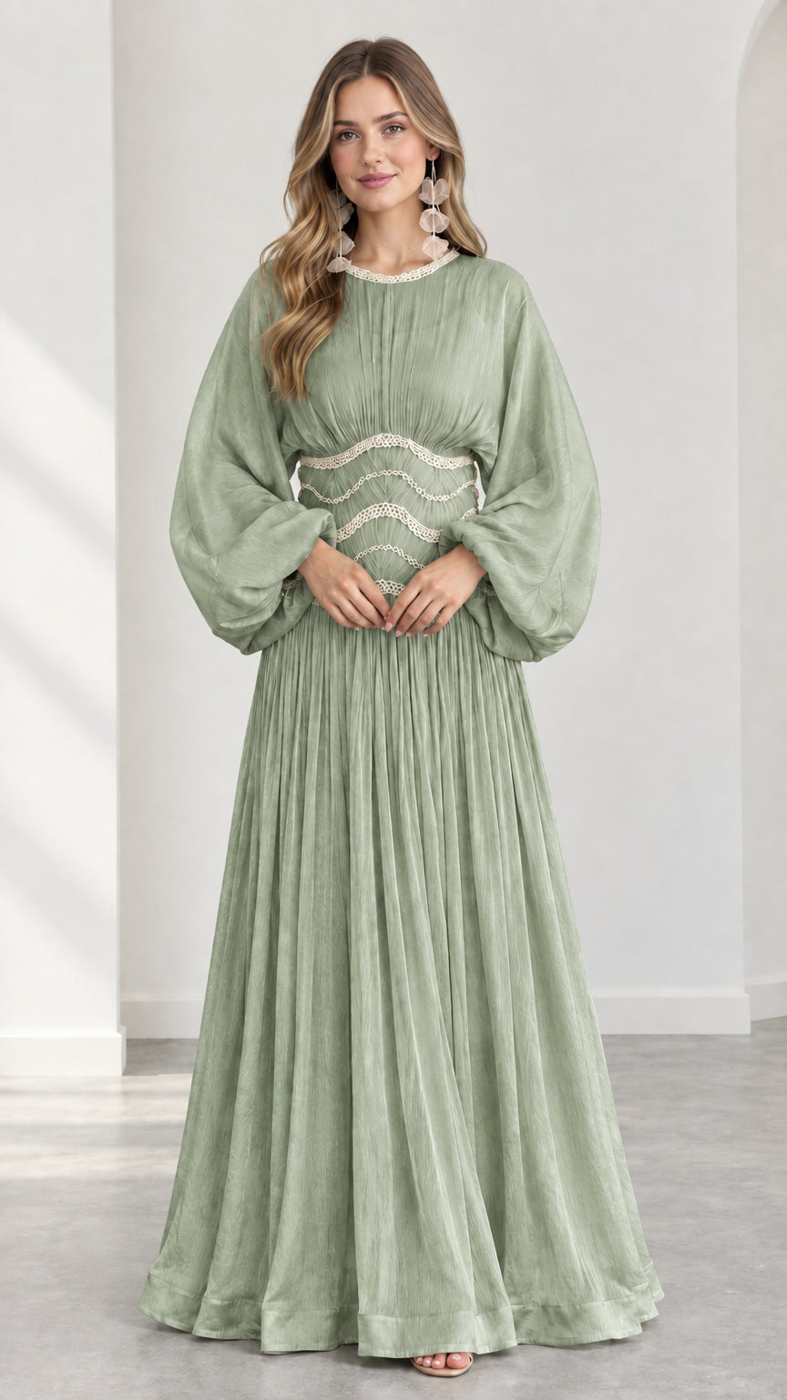 Model wearing sage green pleated balloon sleeve formal maxi dress