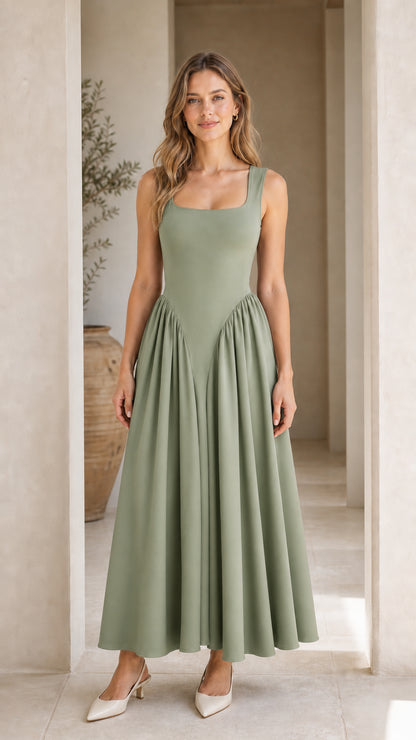 Front full view of woman wearing sage green maxi dress