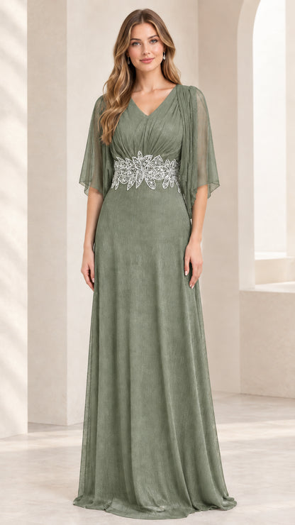Model wearing elegant sage green V-neck formal maxi dress with flutter sleeves