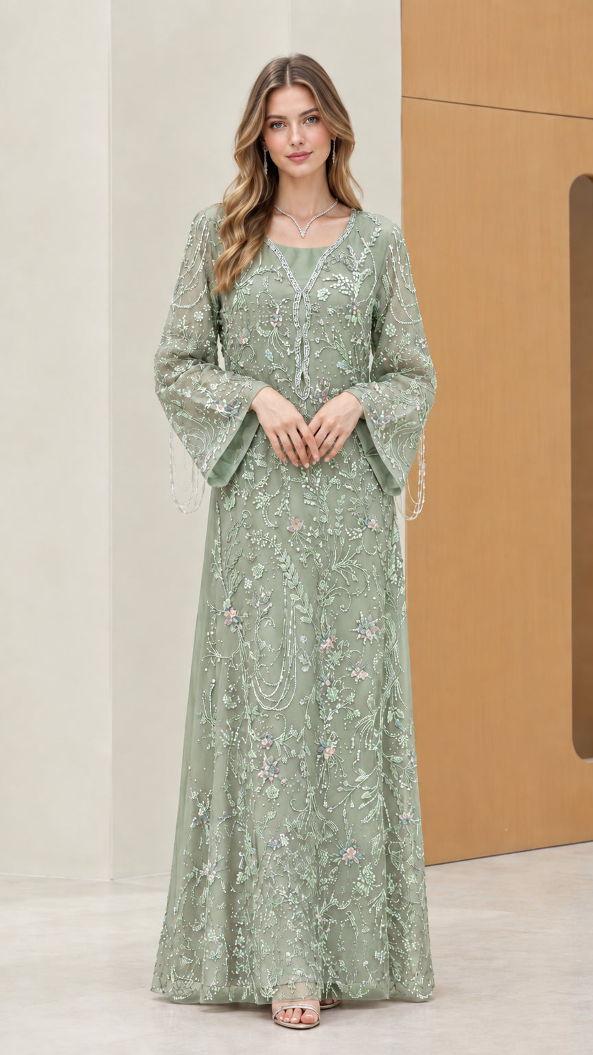 Model wearing Sage Green embroidered sequin maxi gown for formal occasions
