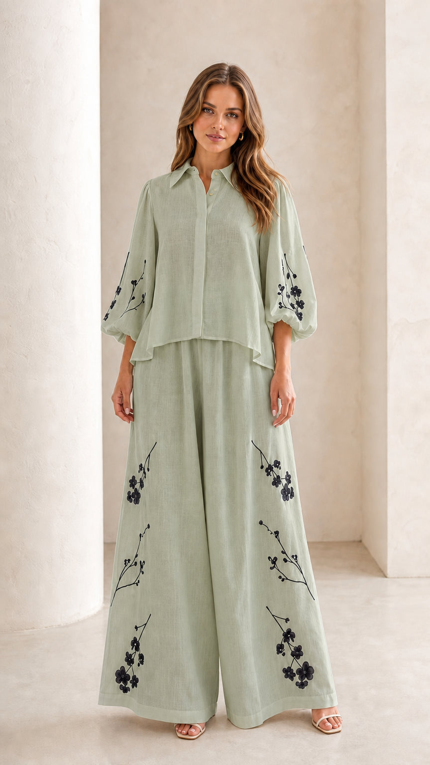 Front view of woman wearing sage green floral embroidered two-piece set