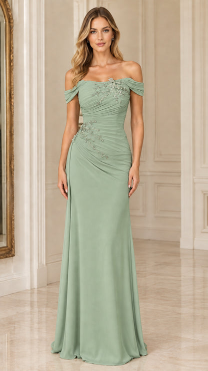 Woman wearing a sage green off-the-shoulder beaded ruched formal evening gown