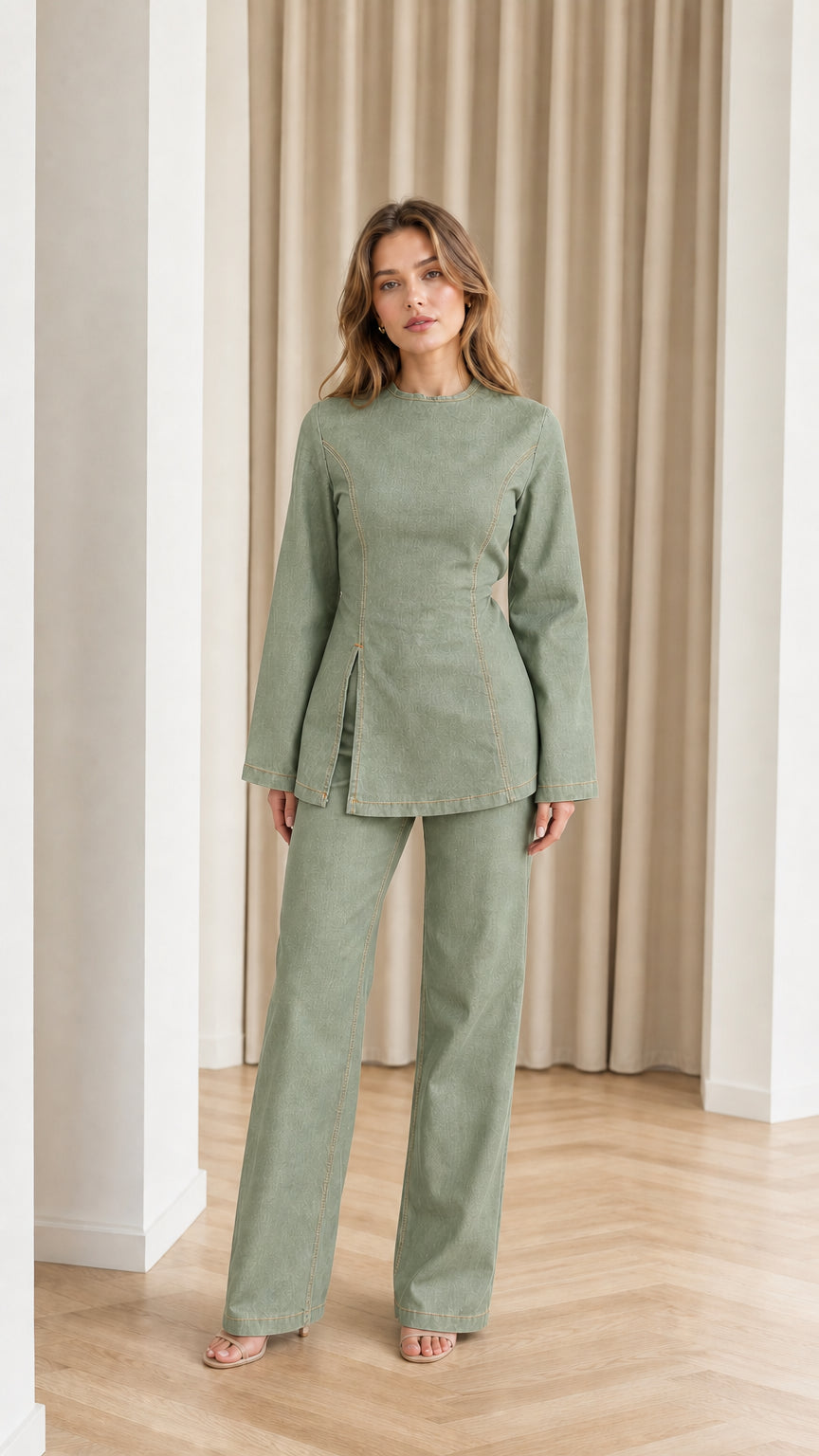 Front full-length view of model in Sage Green contrast stitch denim pant set