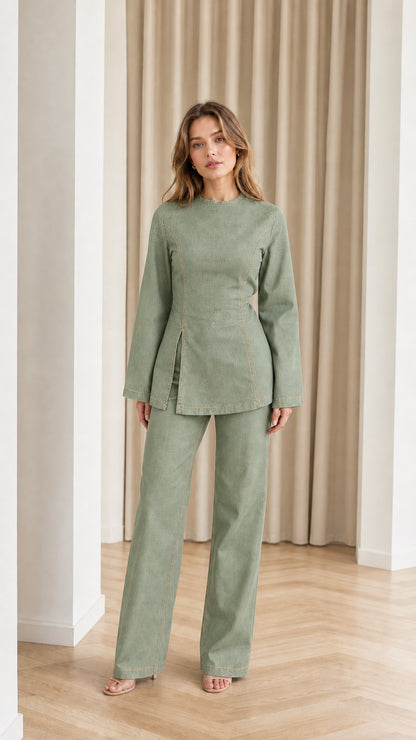 Front full-length view of model in Sage Green contrast stitch denim pant set