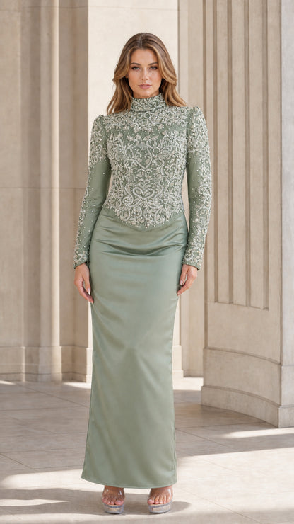 Sage green color variant gown