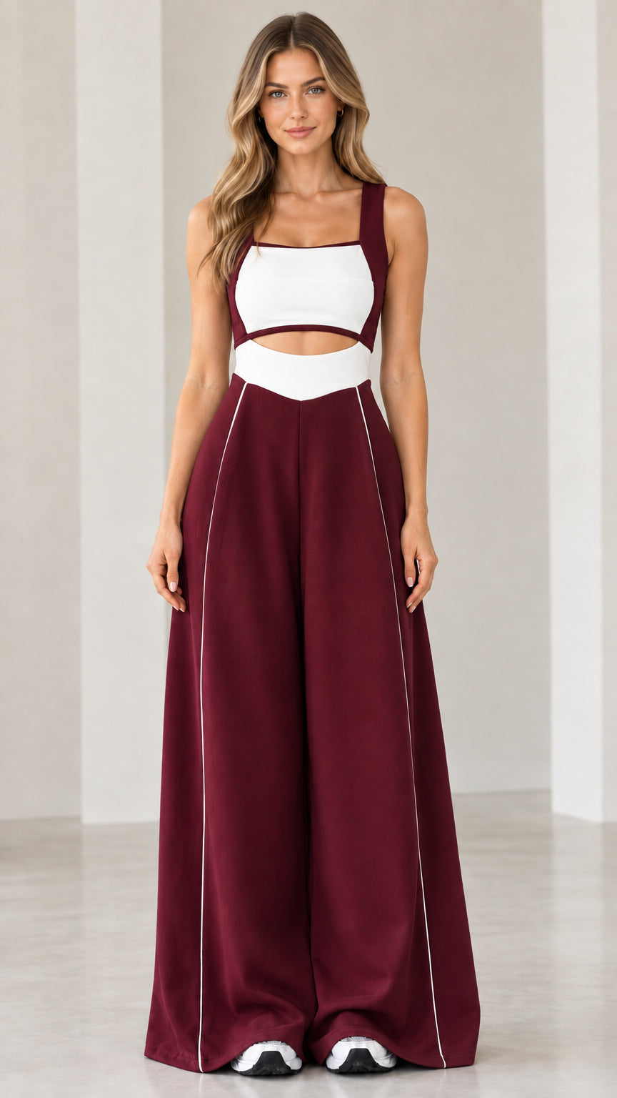 Front view of woman wearing burgundy wine colorblock cutout wide-leg jumpsuit