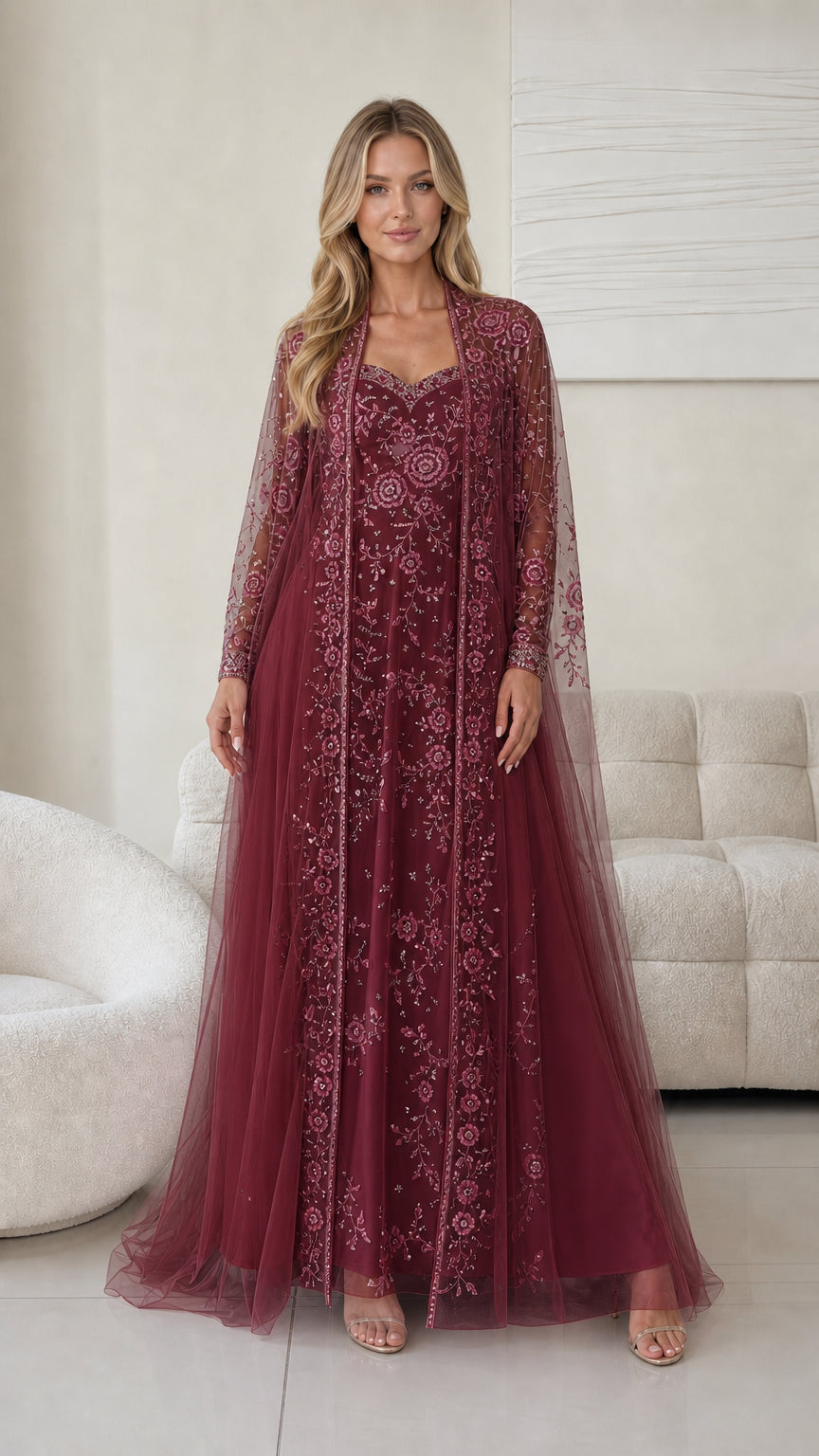 Front view of burgundy embroidered tulle evening dress and jacket set